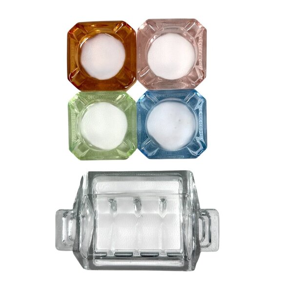 Cambridge Glass Ashtray Holder & 4 Ashtrays 5 Piece Set Multicolor Vaseline - Picture 3 of 7
